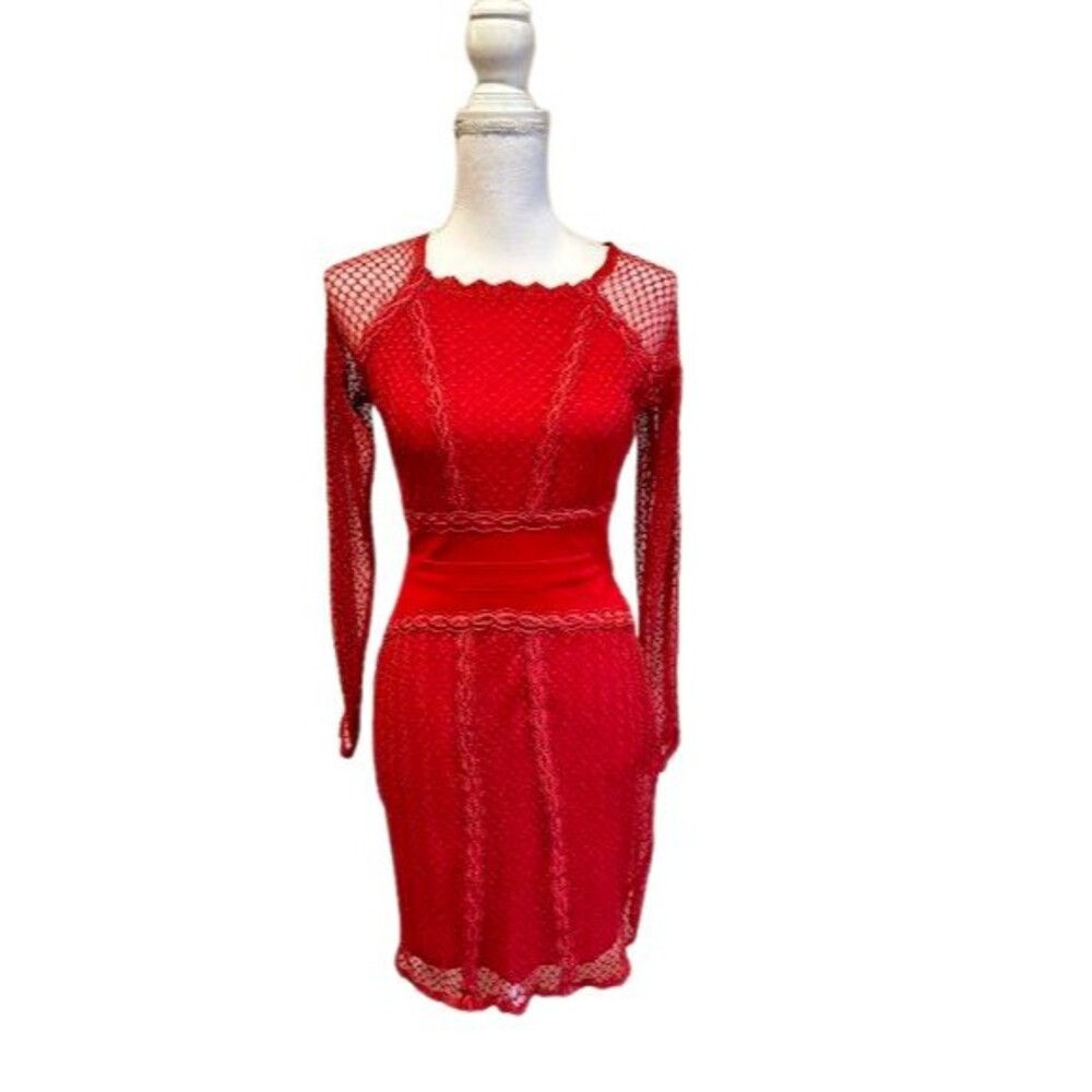 Free People 154447 Women's XS Lace & Mesh Body-Con Dress Cherry Red